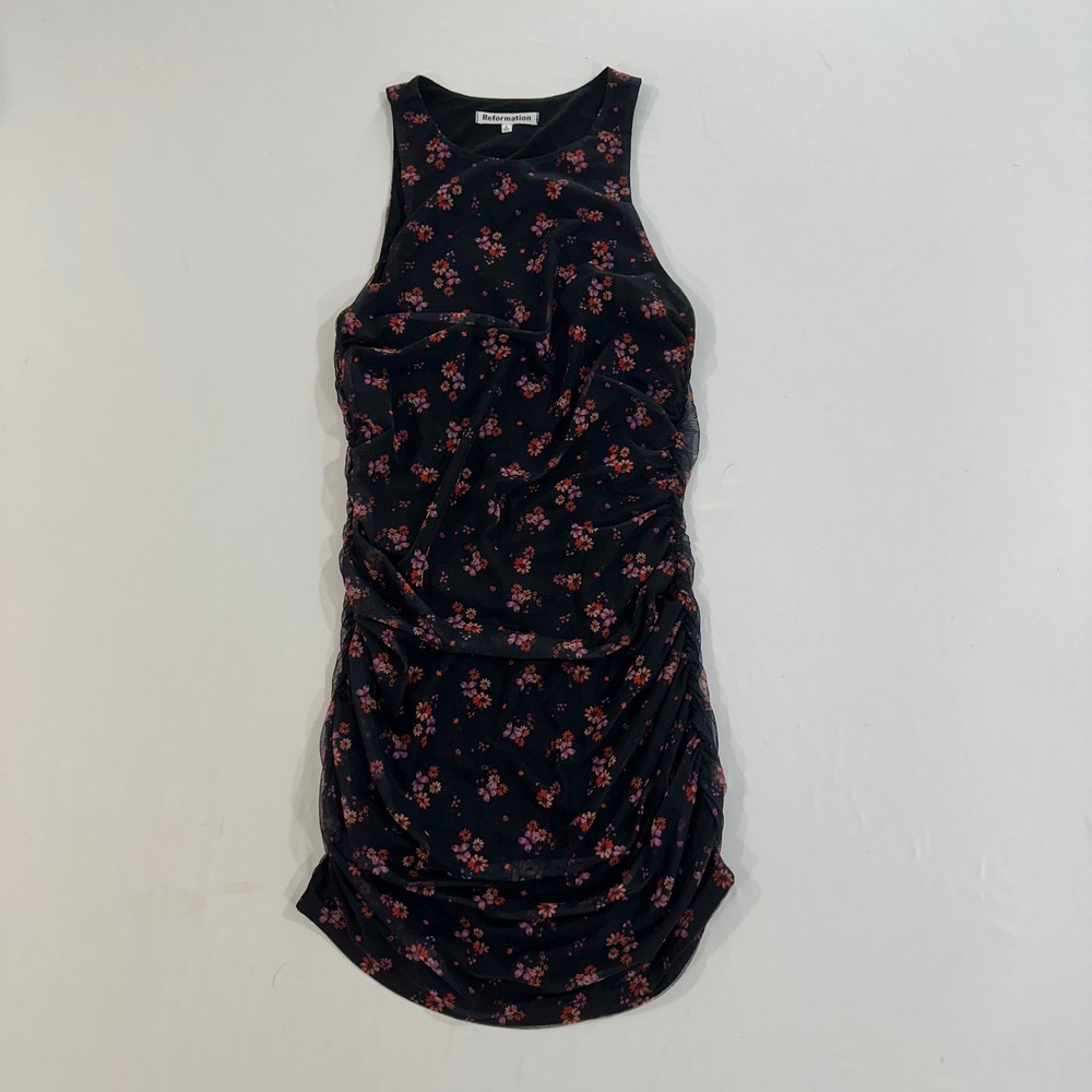 Reformation Womens S Black Floral Mesh Ruched Bodycon Mini Dress Deadstock